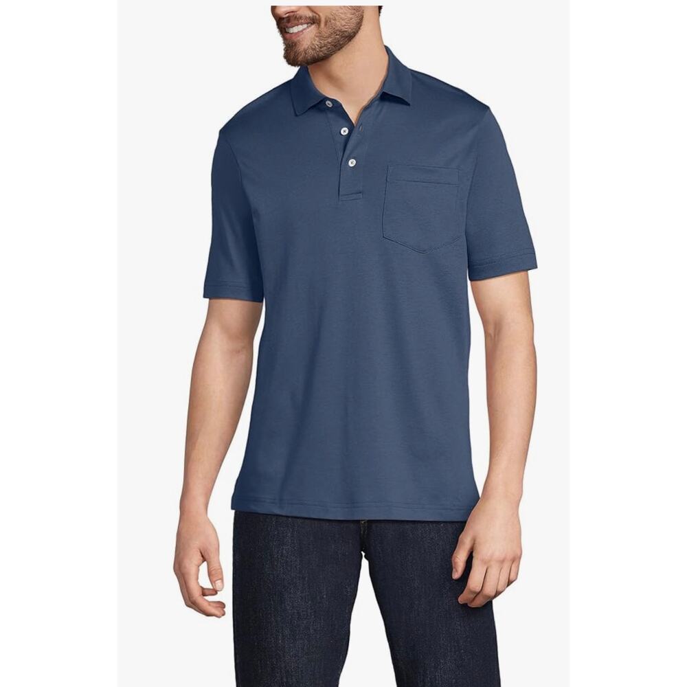 Lands End Men's Short Sleeve Cotton Navy Supima Polo Shirt with Pocket XXL